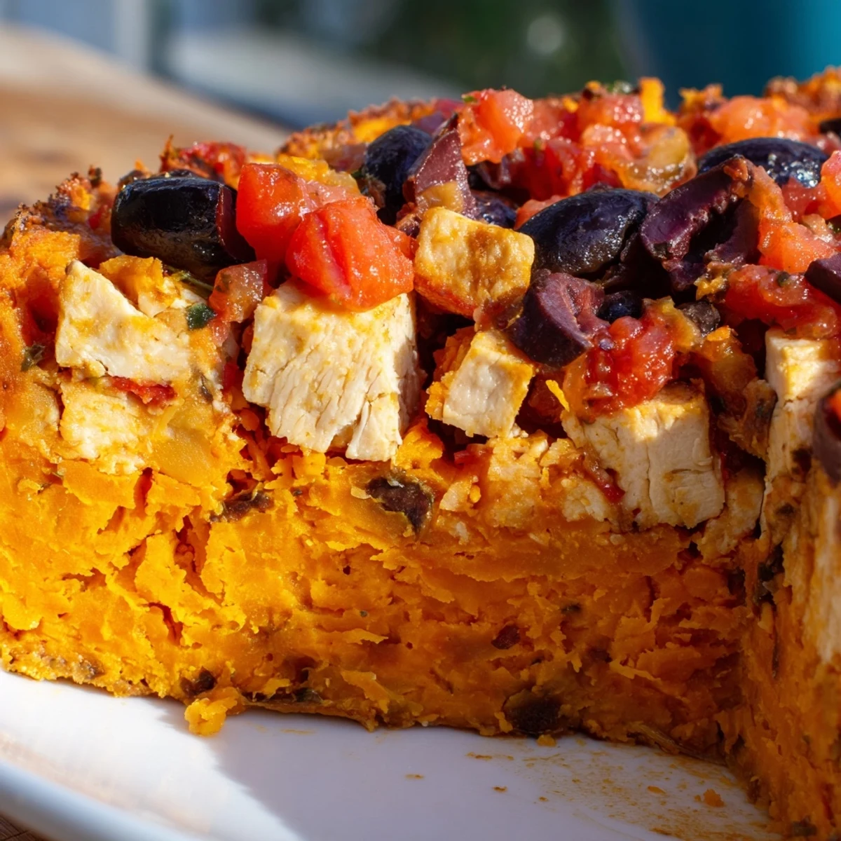Baked chicken and sweet potato pie garnished with vibrant diced tomato olive salsa topping