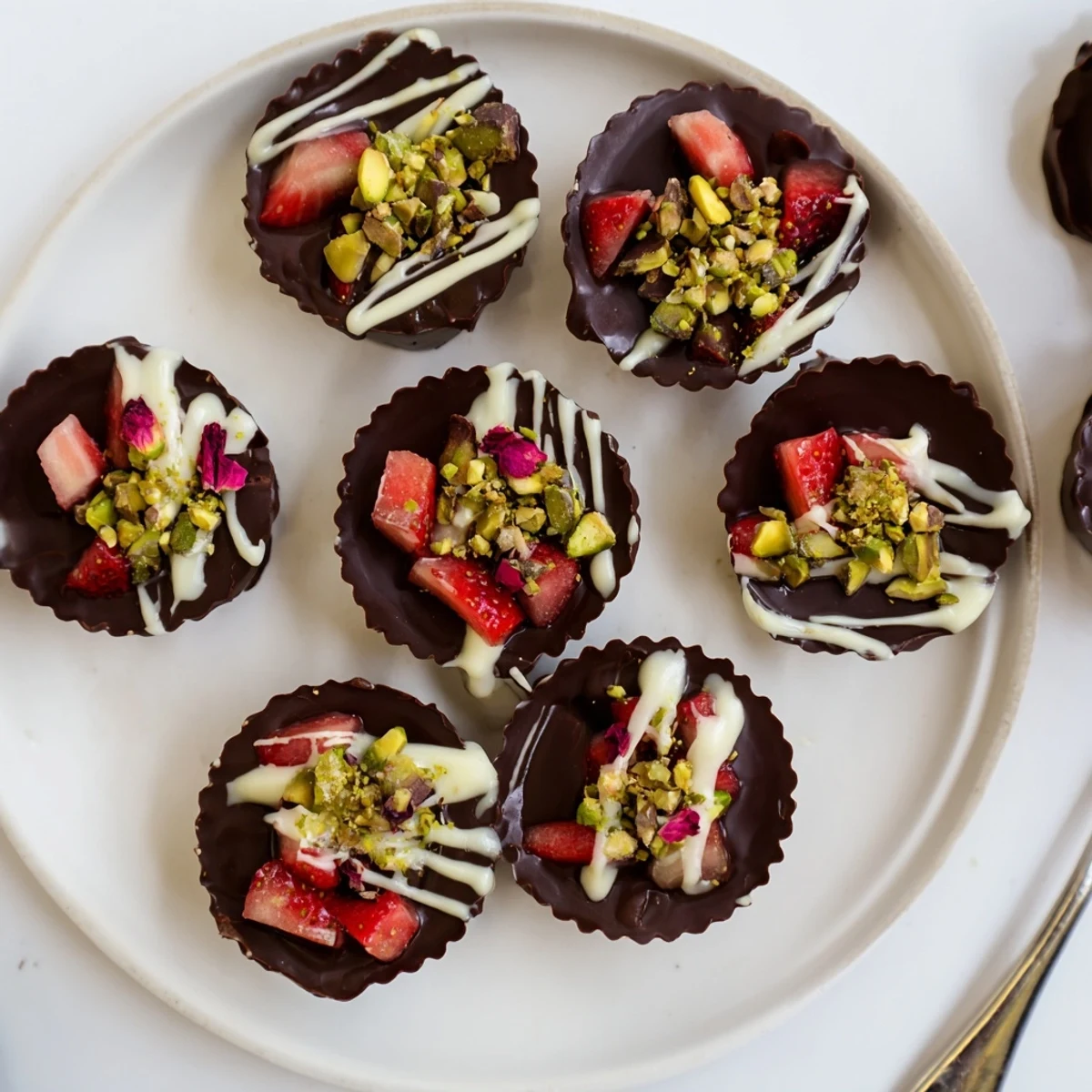 Dark Dubai chocolate covered strawberry cups garnished with chopped pistachios and white chocolate drizzle on white plate