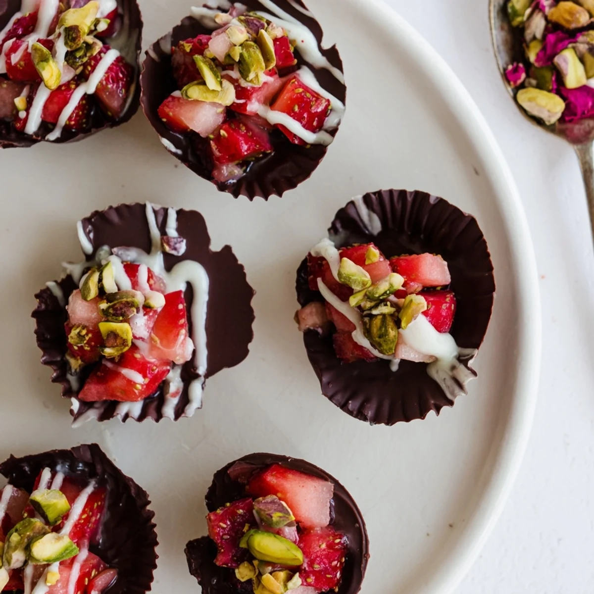 Silky chocolate cups filled with fresh diced strawberries and rose water topped with edible gold leaf