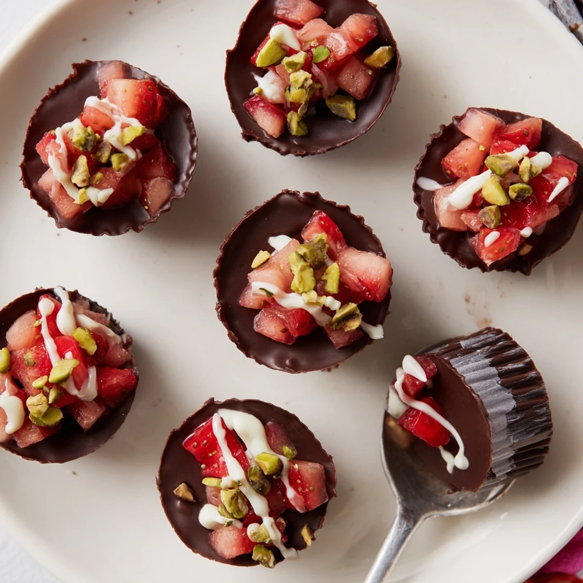 Rich dark chocolate covered strawberry cups sprinkled with green pistachios and dried rose petals for dessert
