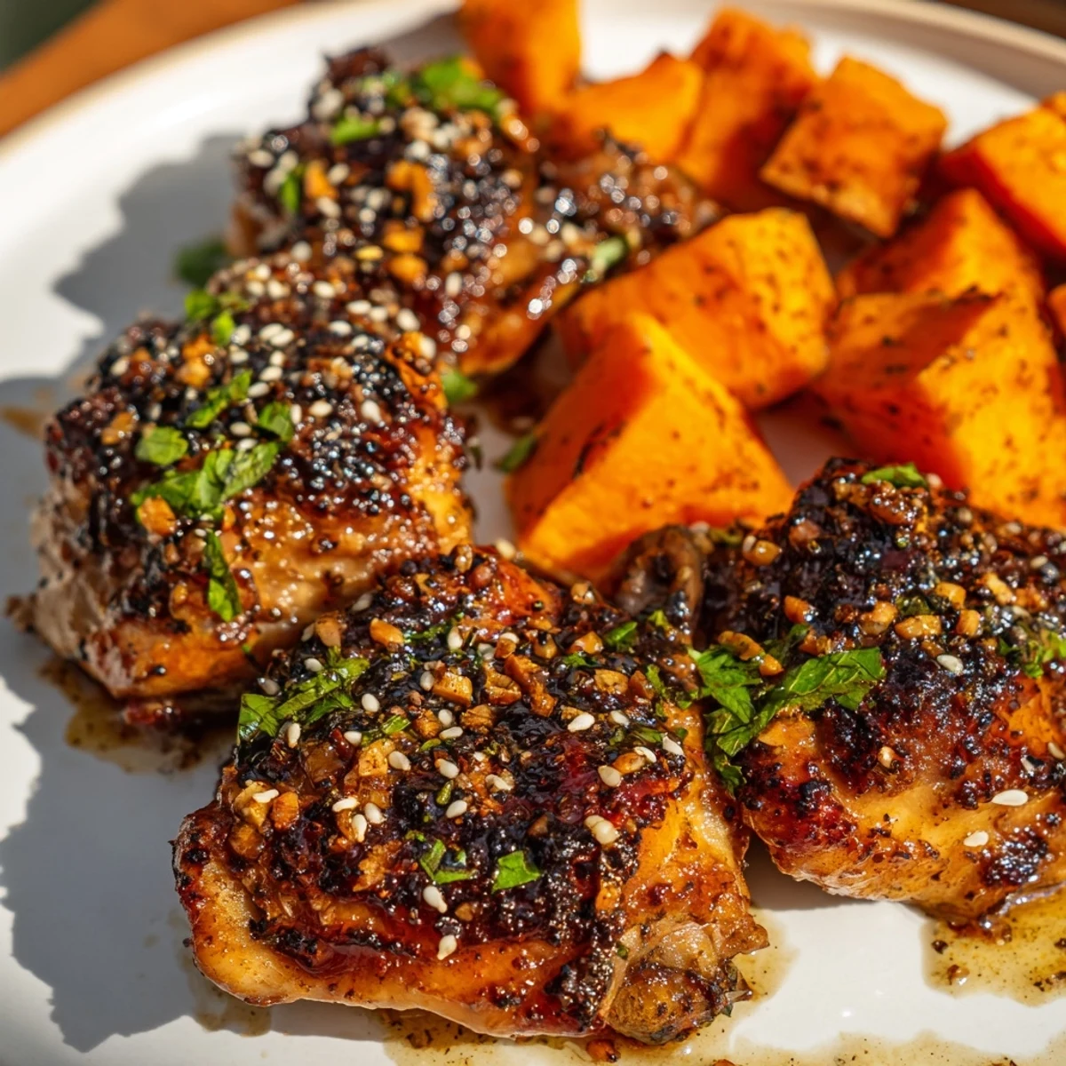 One pan honey garlic chicken with tender thighs and crispy roasted sweet potato wedges