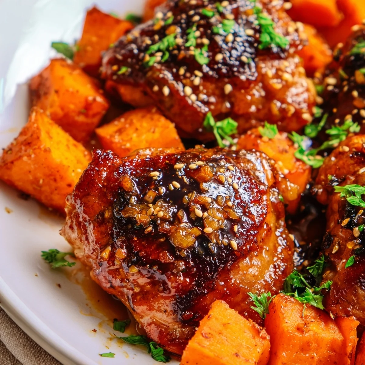 Savory honey garlic sauce coats juicy chicken served with perfectly roasted sweet potatoes