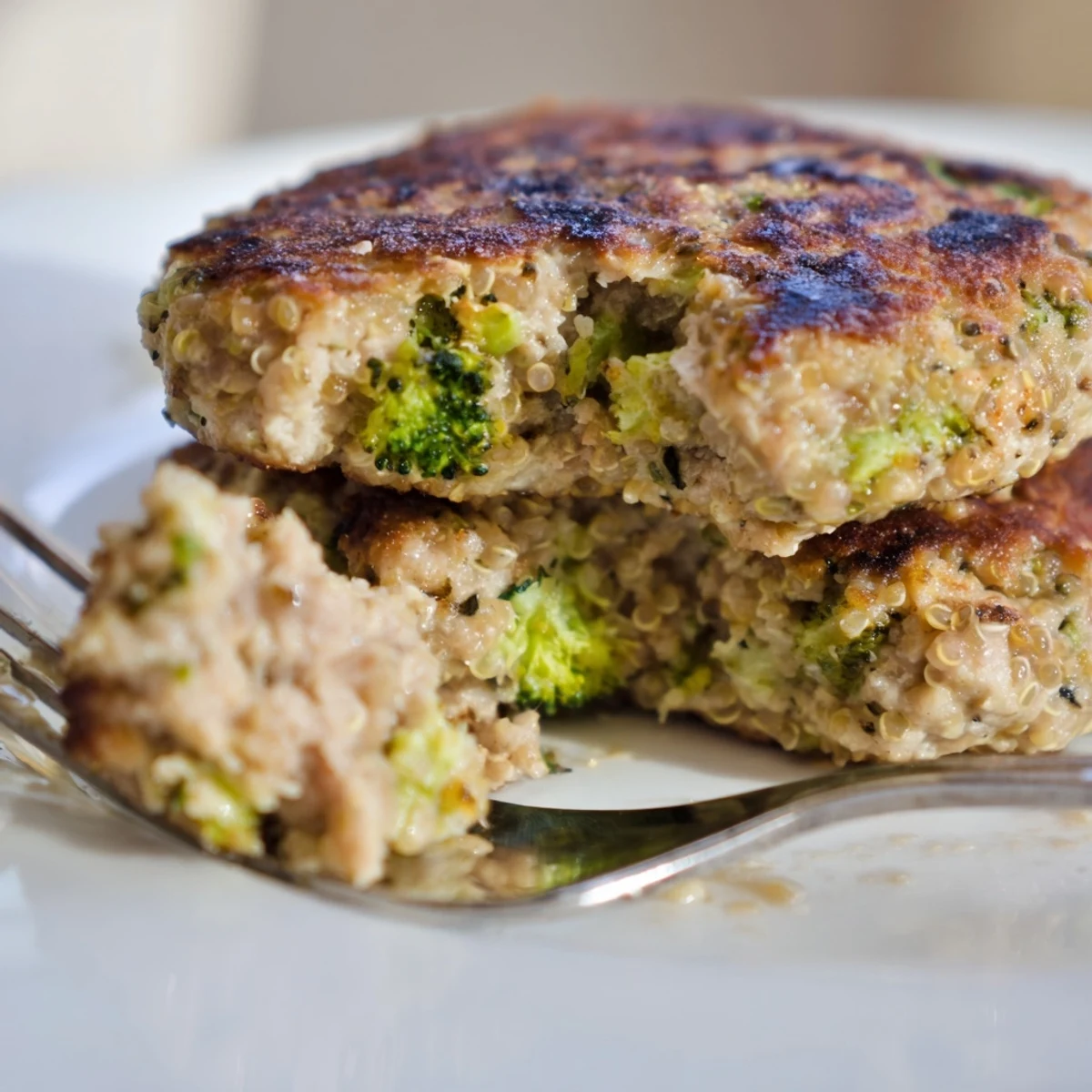 Golden brown turkey broccoli and quinoa burgers stacked on a white serving plate with fresh garnish