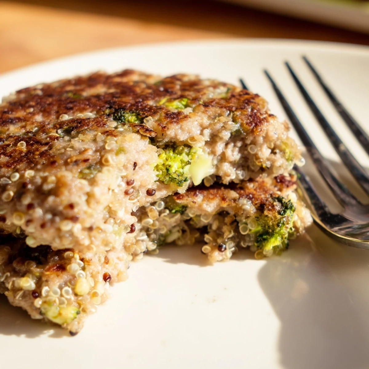 Pan-fried turkey burgers featuring tender broccoli and fluffy quinoa, served on a rustic wooden board