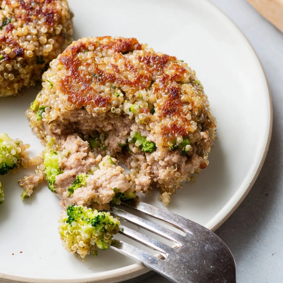 Gluten-free turkey quinoa burgers with green flecks of broccoli and herbs, ready for a healthy dinner