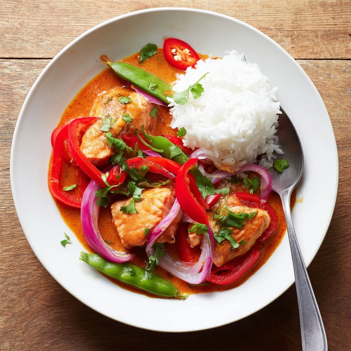Golden salmon fillets simmered in creamy red curry coconut sauce with crisp vegetables