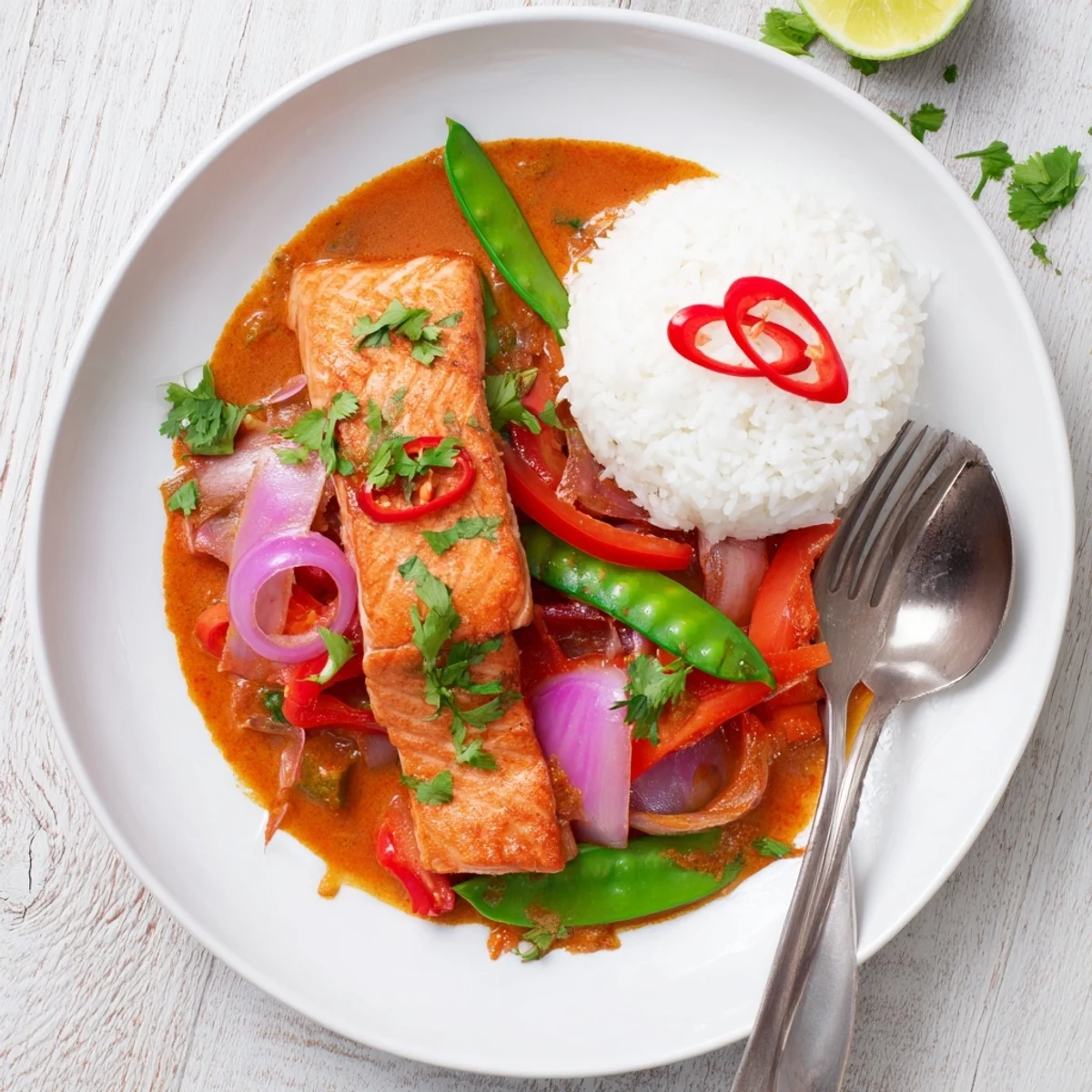 Flaky pink salmon resting in aromatic Thai red curry broth topped with fresh coriander