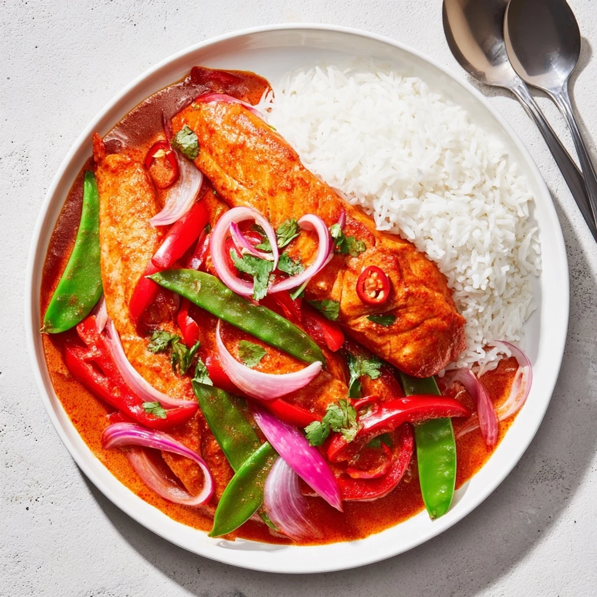 Weeknight dinner featuring tender salmon cooked in rich coconut milk curry with vibrant peppers