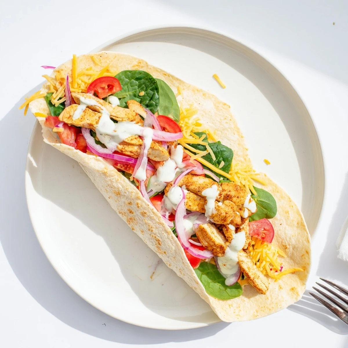 Handheld low carb cheesy garlic chicken wraps featuring crisp tortilla stuffed with seasoned chicken and cheddar