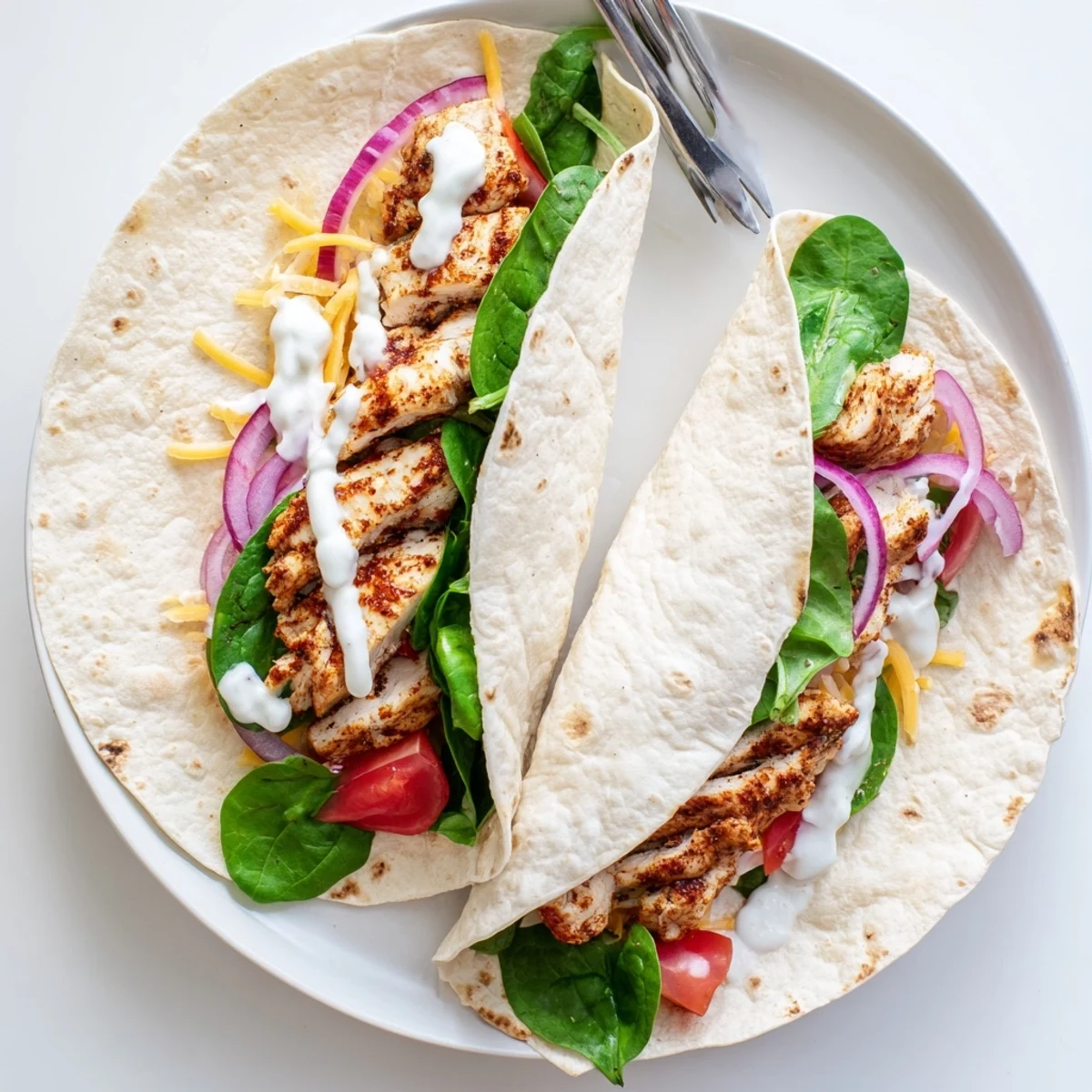 Sliced low carb cheesy garlic chicken wraps reveal colorful spinach tomatoes and garlic cream sauce inside