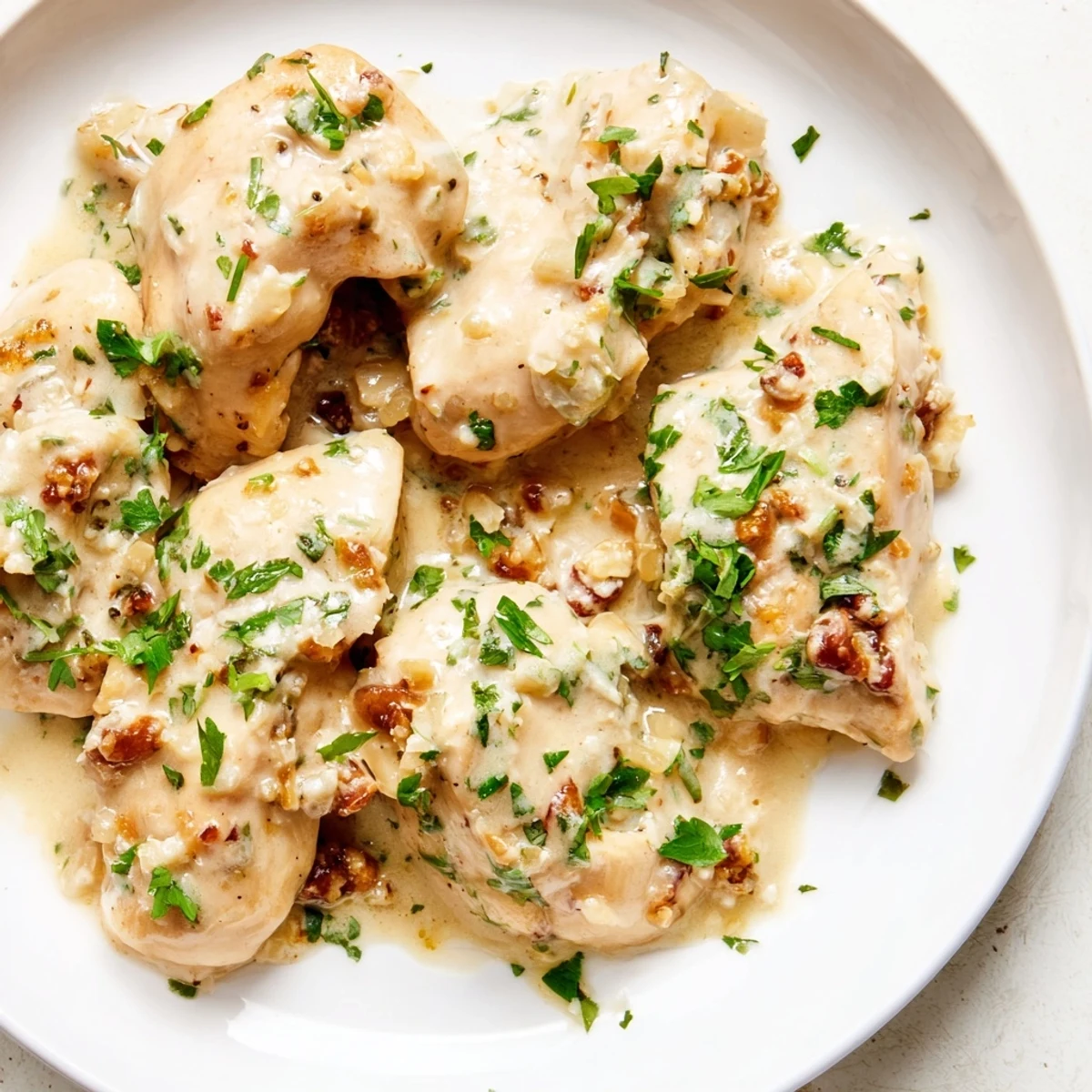 Golden brown chicken breasts swimming in a rich, creamy garlic Parmesan sauce with fresh parsley garnish
