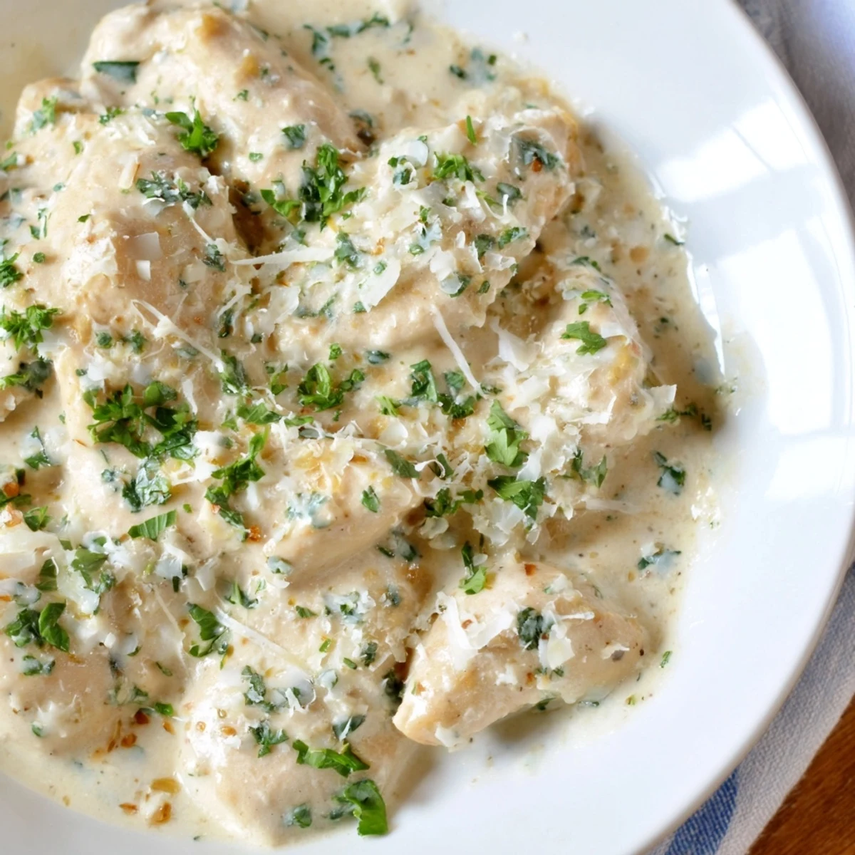 Tender slow-cooked chicken plated with velvety white cheese sauce, dotted with minced garlic and green parsley