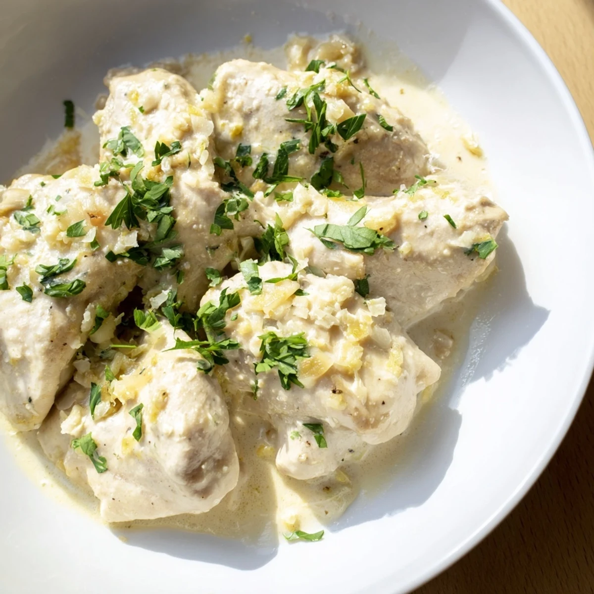 Crockpot chicken breasts draped in thick, luscious garlic Parmesan cream sauce served over fluffy white rice