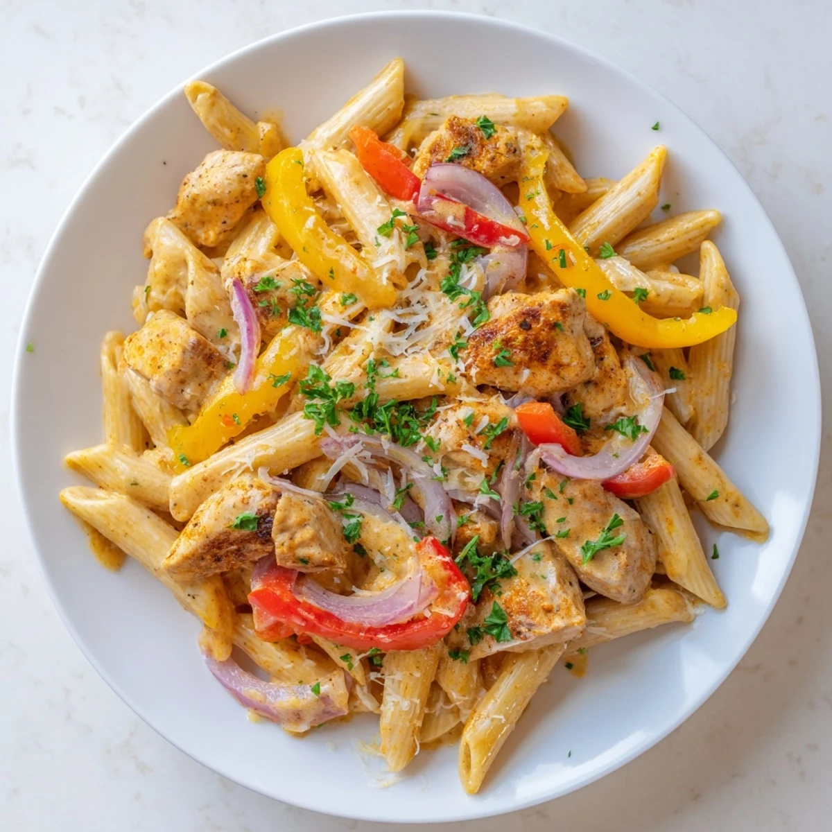 Tender spiced chicken and penne swimming in a velvety Cajun cream sauce with vegetables