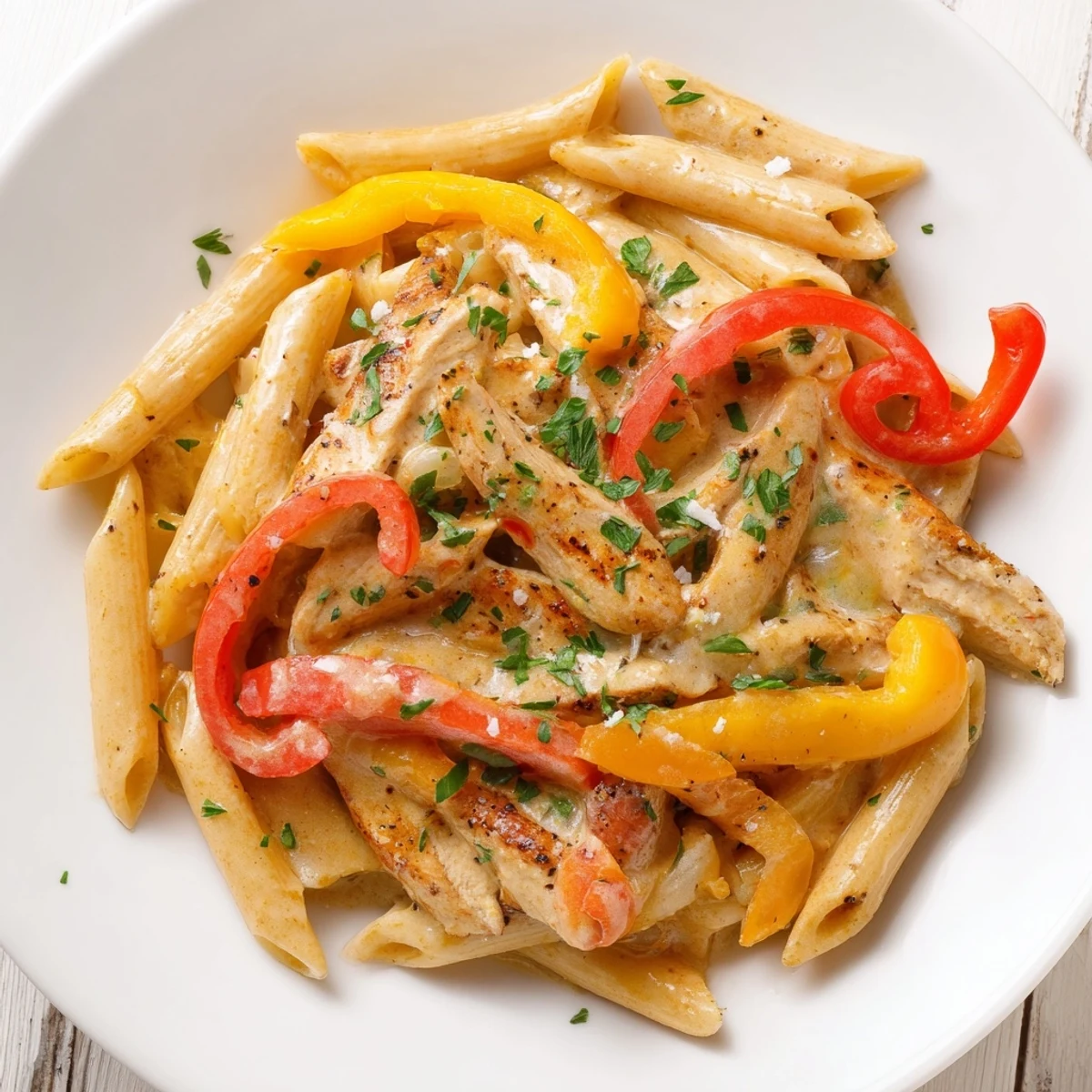 Creamy Cajun chicken pasta tossed with colorful bell peppers in a rich spicy sauce