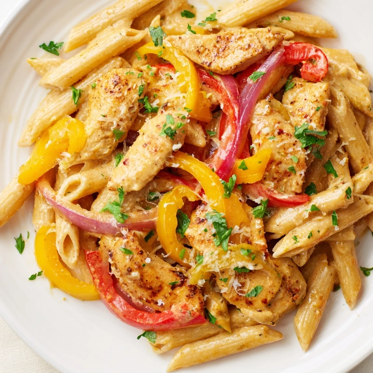 Savory Cajun chicken pasta dish garnished with fresh parsley and vibrant red pepper strips