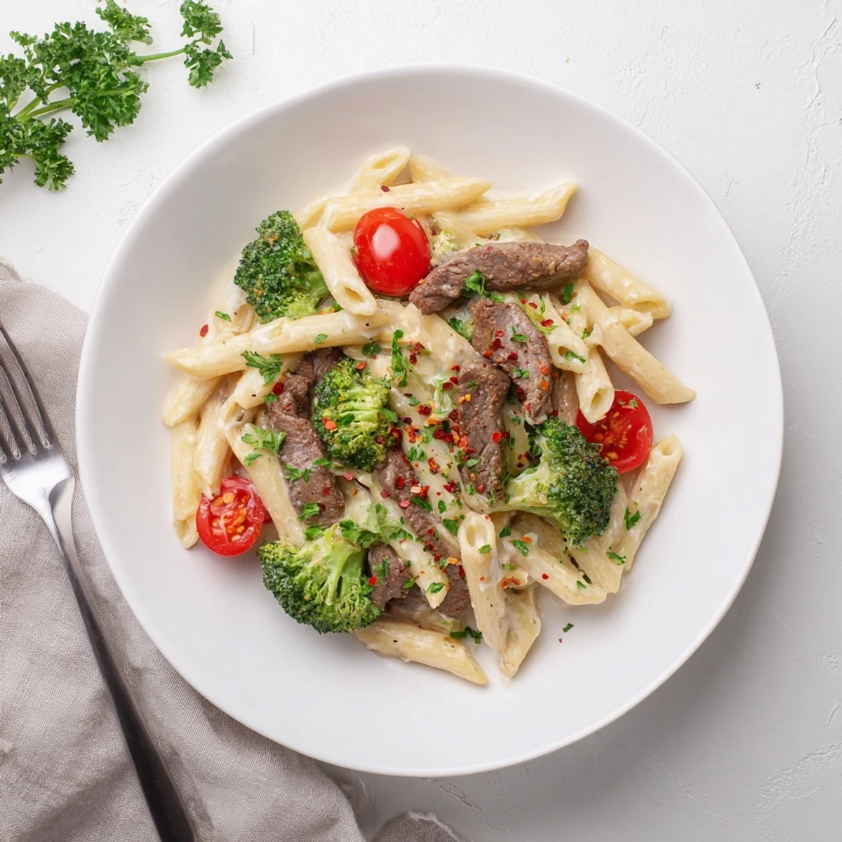 Creamy garlic steak penne with broccoli and cherry tomatoes in a white ceramic bowl garnished with fresh parsley