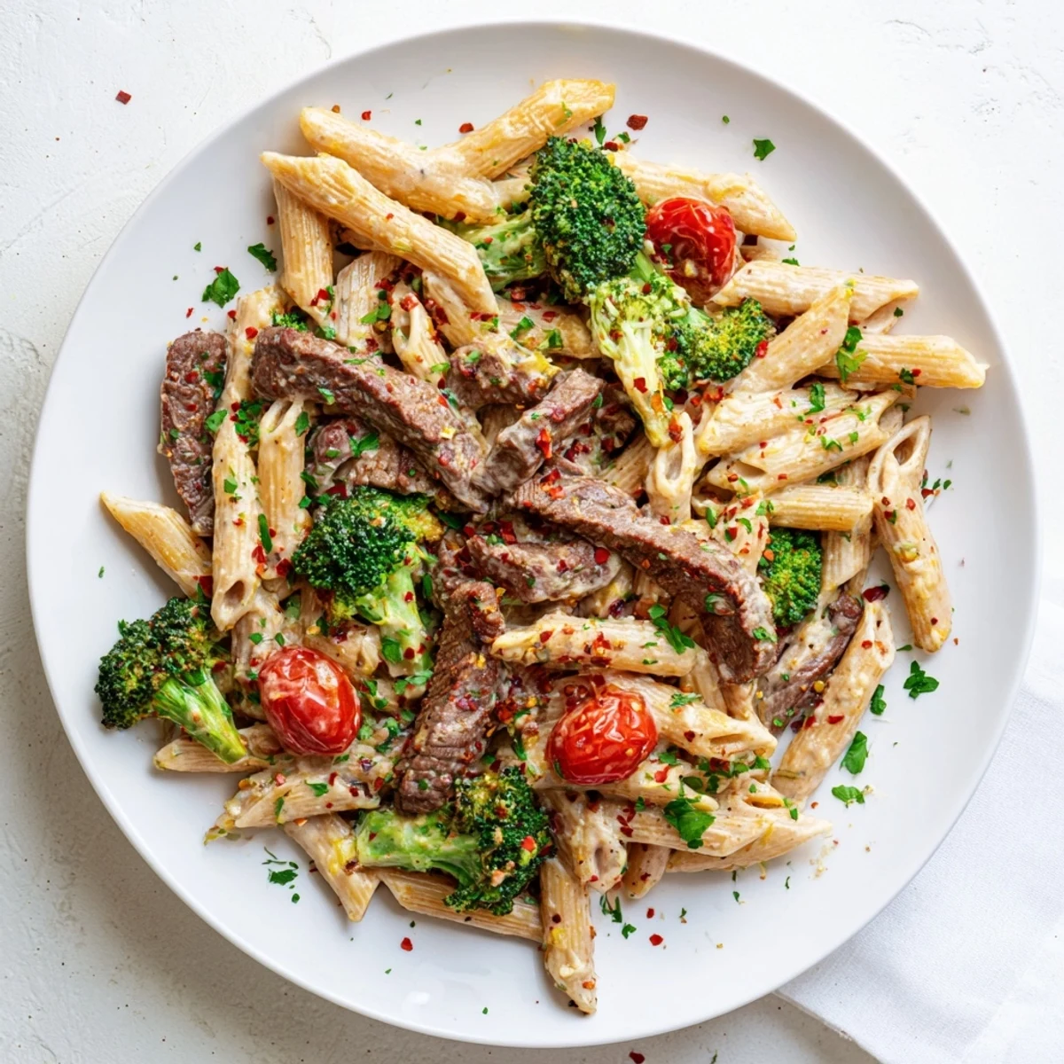 Plate of garlic steak penne pasta featuring tender beef strips green broccoli florets and red tomatoes in rich sauce