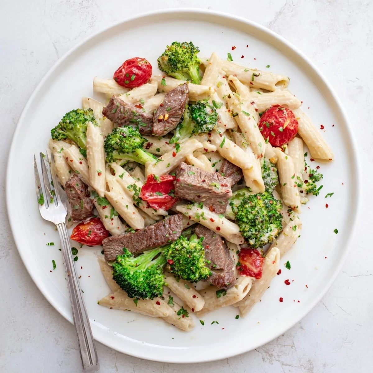 Close up of creamy garlic steak penne tossed with broccoli cherry tomatoes and parmesan on a rustic wooden table
