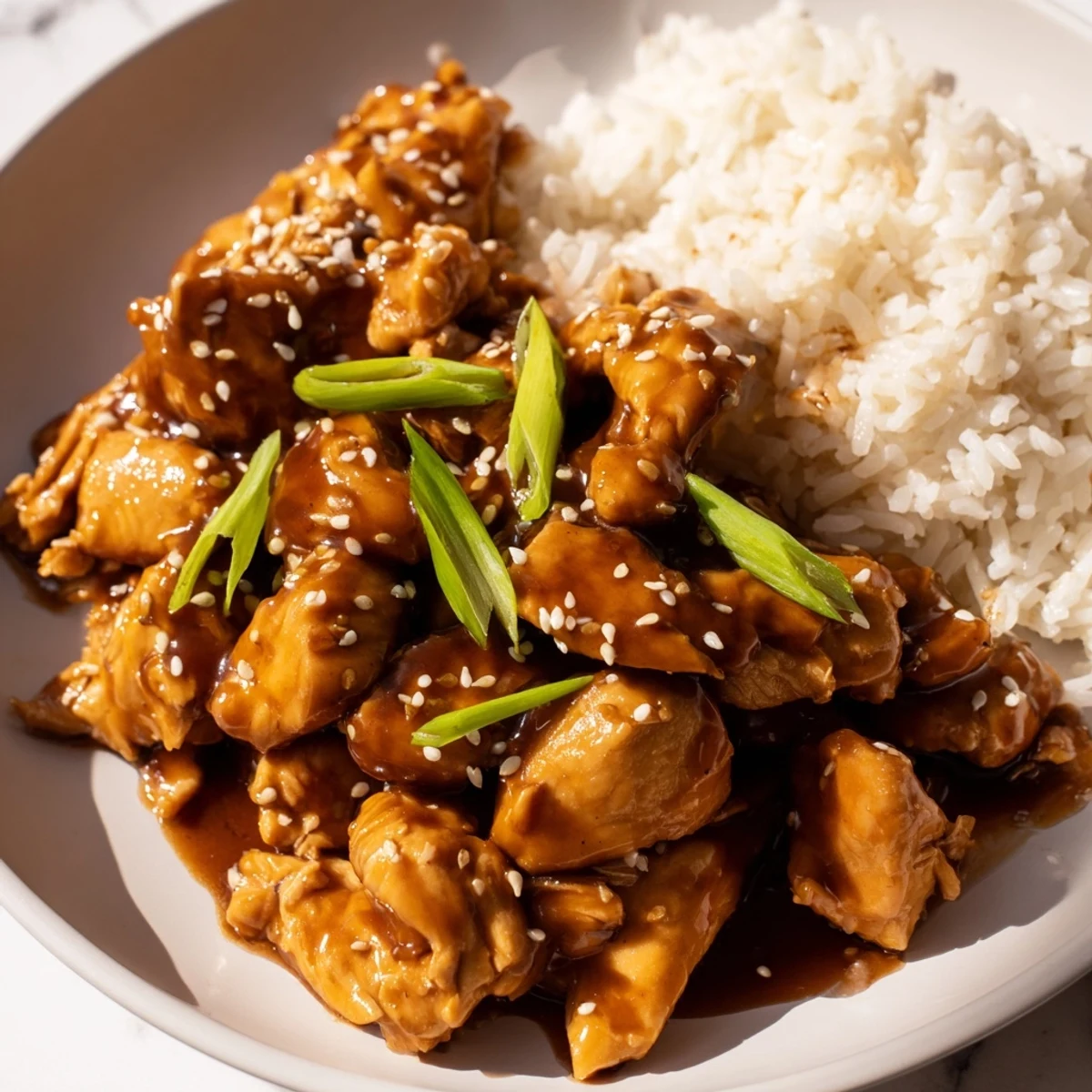 Crockpot Teriyaki Chicken with sticky glazed pieces scattered over fluffy white steamed rice