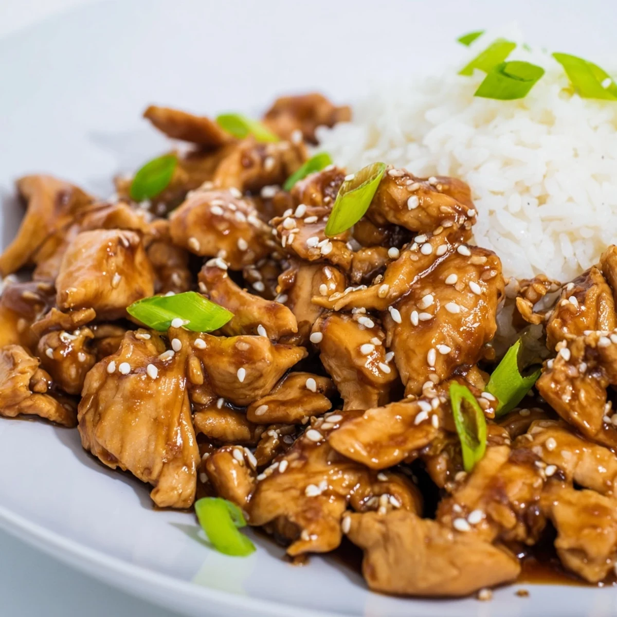 Savory Crockpot Teriyaki Chicken served family-style with chopped green onions and thick glossy sauce