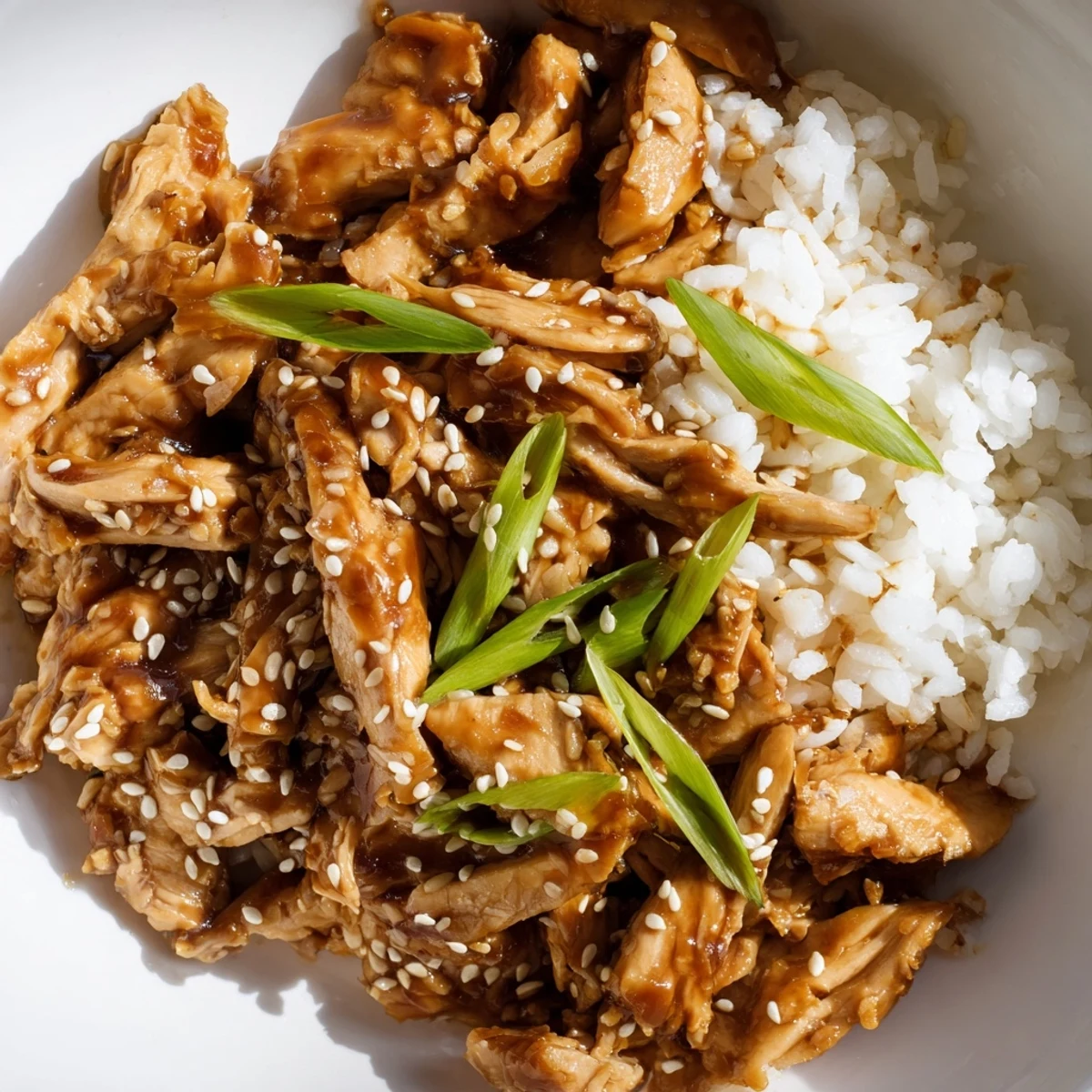 Tender slow-cooked chicken thighs coated in rich homemade teriyaki sauce with sesame seed garnish