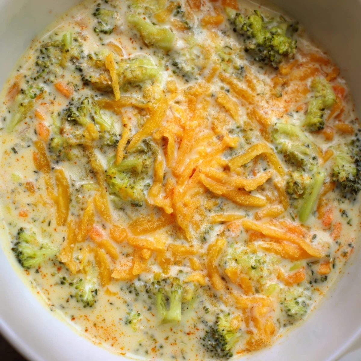 Creamy Instant Pot broccoli cheddar soup garnished with melted sharp cheddar and fresh herbs in a white bowl