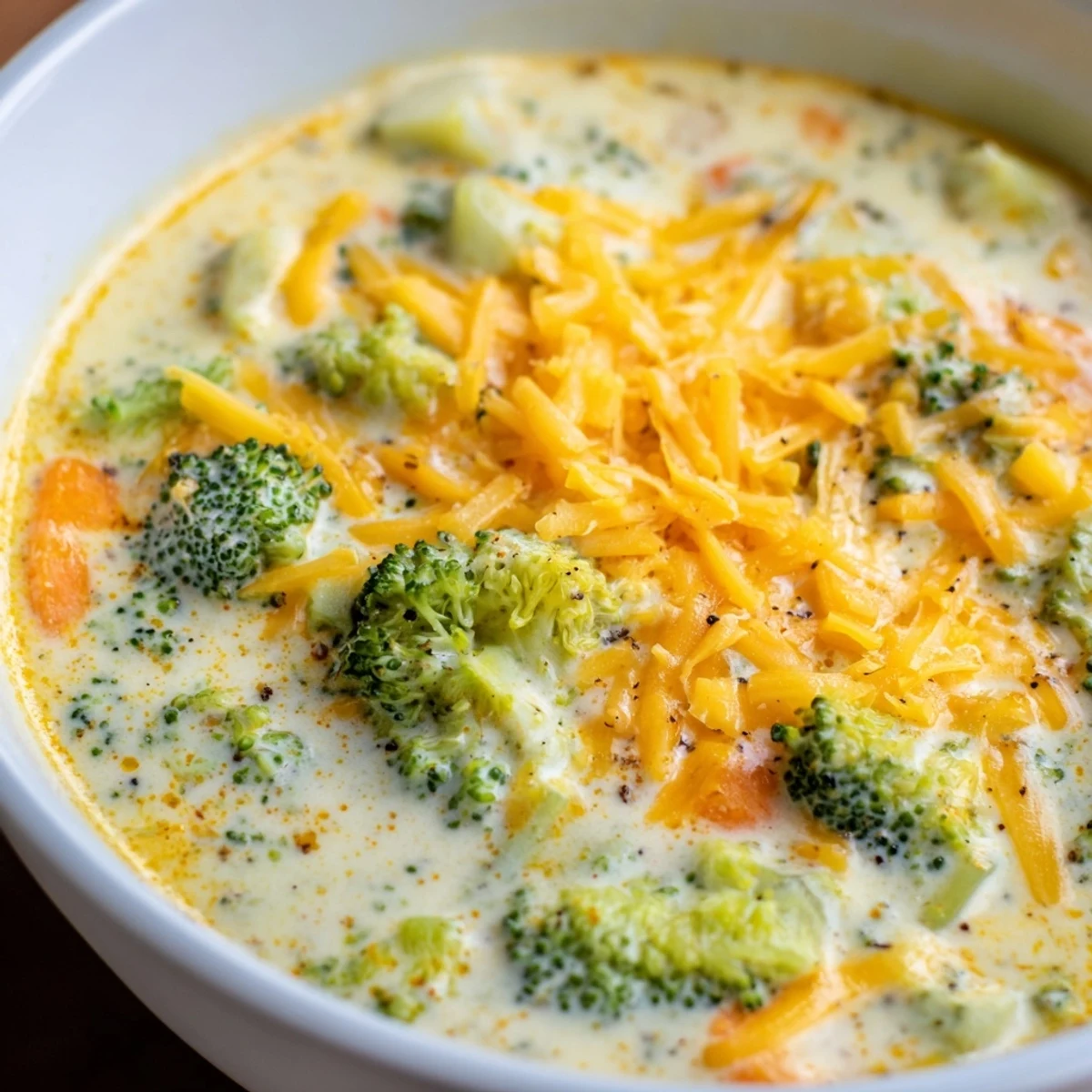 Golden broccoli florets floating in rich orange cheddar soup prepared in an electric pressure cooker with crusty bread