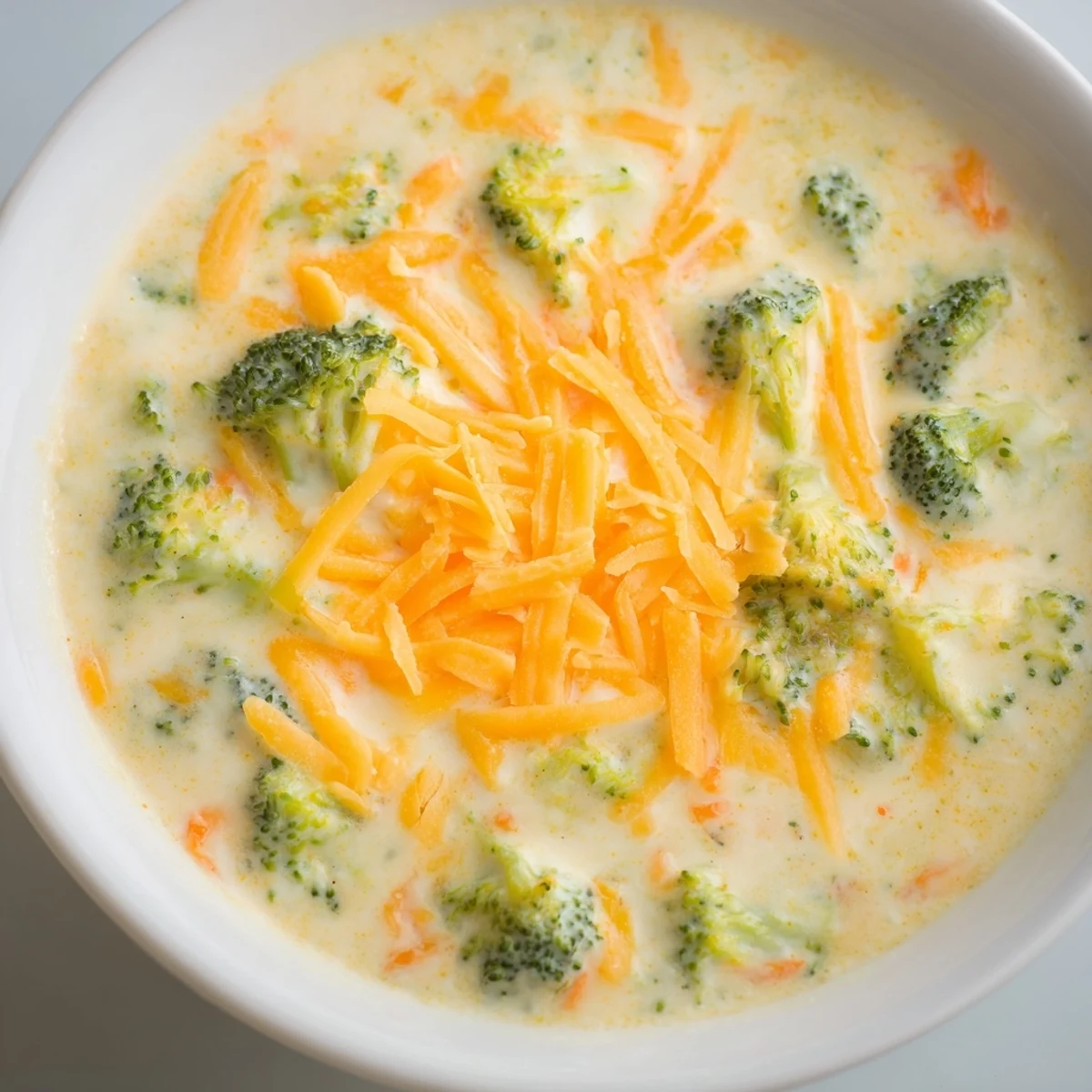Velvety smooth broccoli cheddar soup ladled into a serving bowl with shredded cheese topping on a wooden table