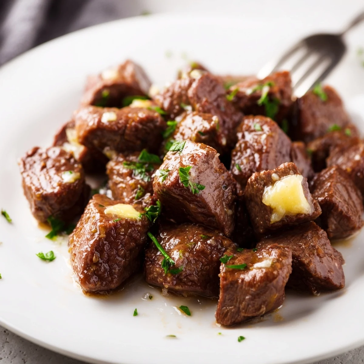Tender Crockpot Steak Bites simmered in garlic butter sauce with fresh parsley garnish