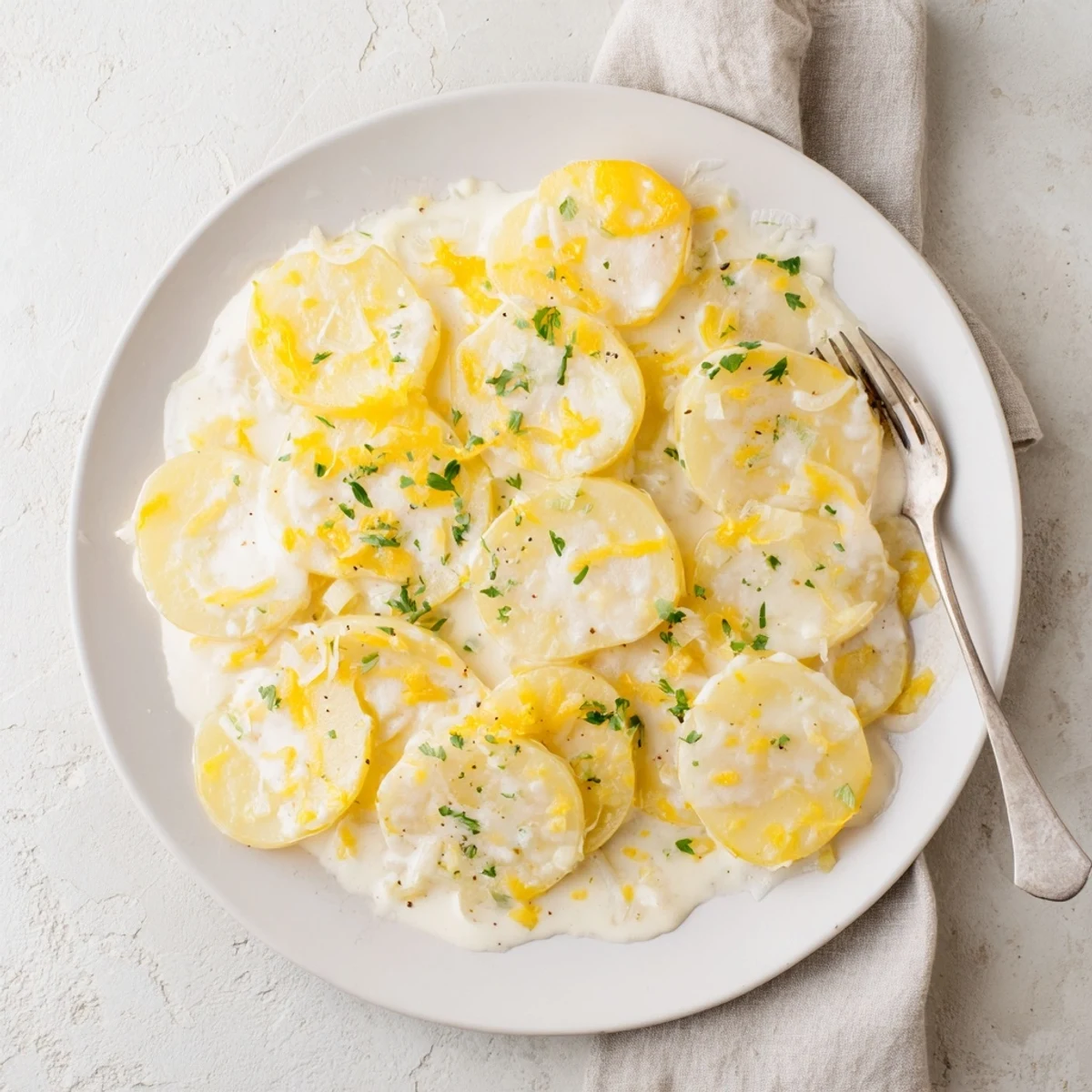 Creamy slow cooker scalloped potatoes with tender sliced Yukon Golds and rich garlic cheese sauce
