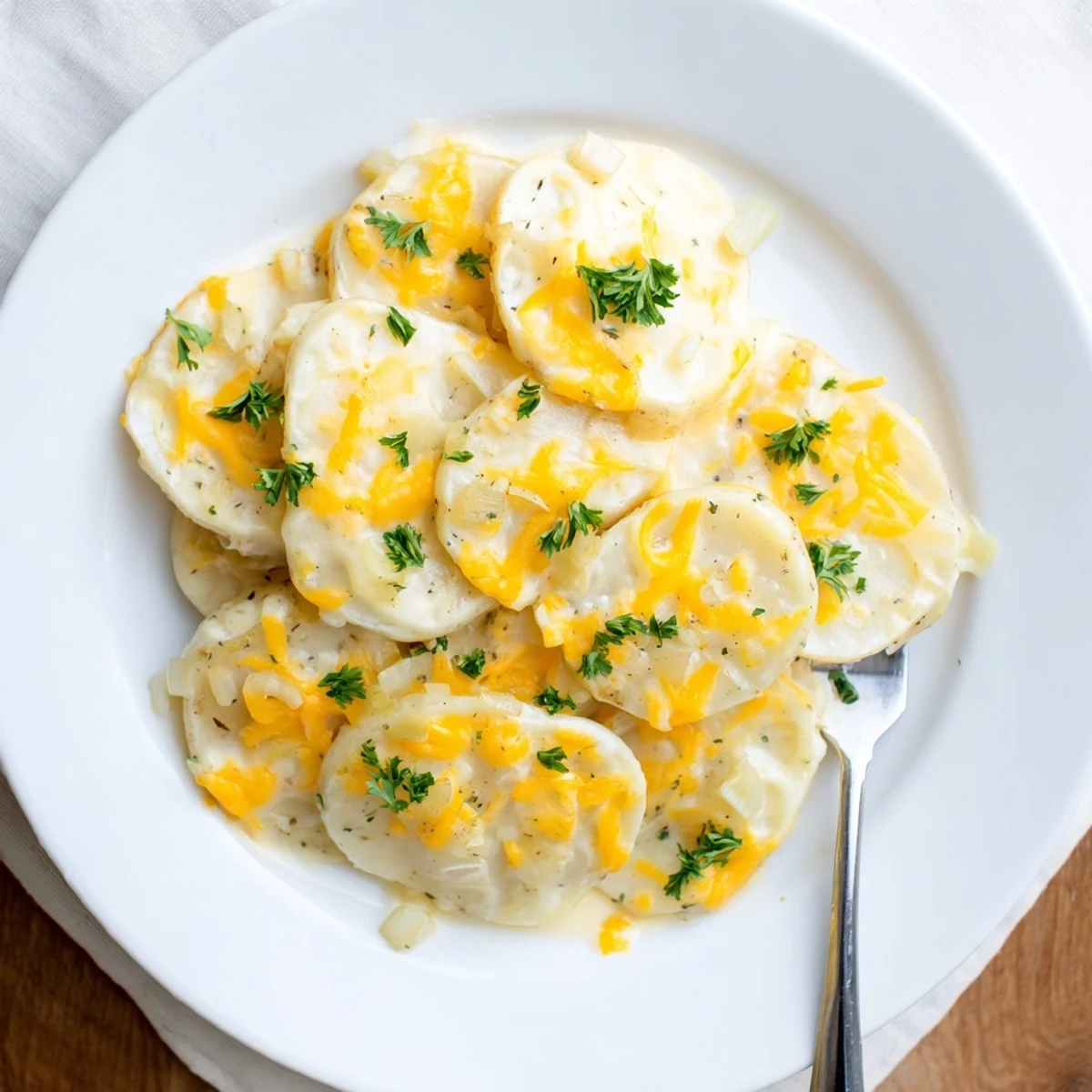 Golden layers of Crockpot Scalloped Potatoes bubbling with melted cheddar cheese and creamy sauce