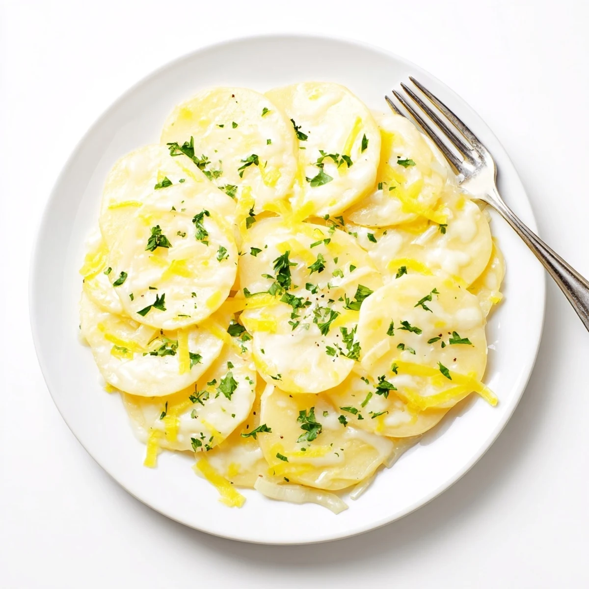 Crockpot Scalloped Potatoes served in a rustic bowl topped with fresh parsley and extra cheese