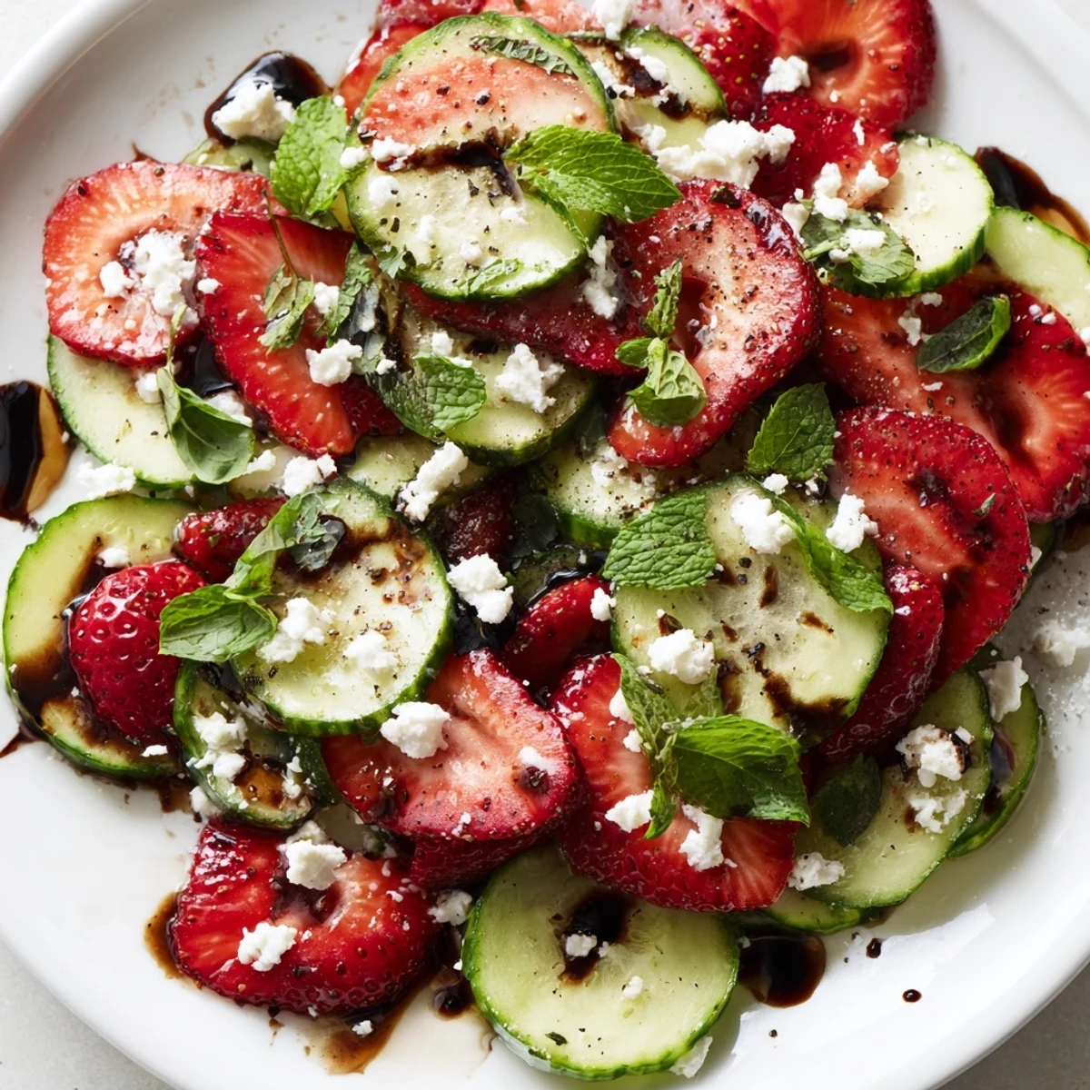 Fresh strawberry cucumber salad with sliced strawberries, crisp cucumbers, and tangy balsamic dressing drizzled over vibrant summer produce in a serving bowl