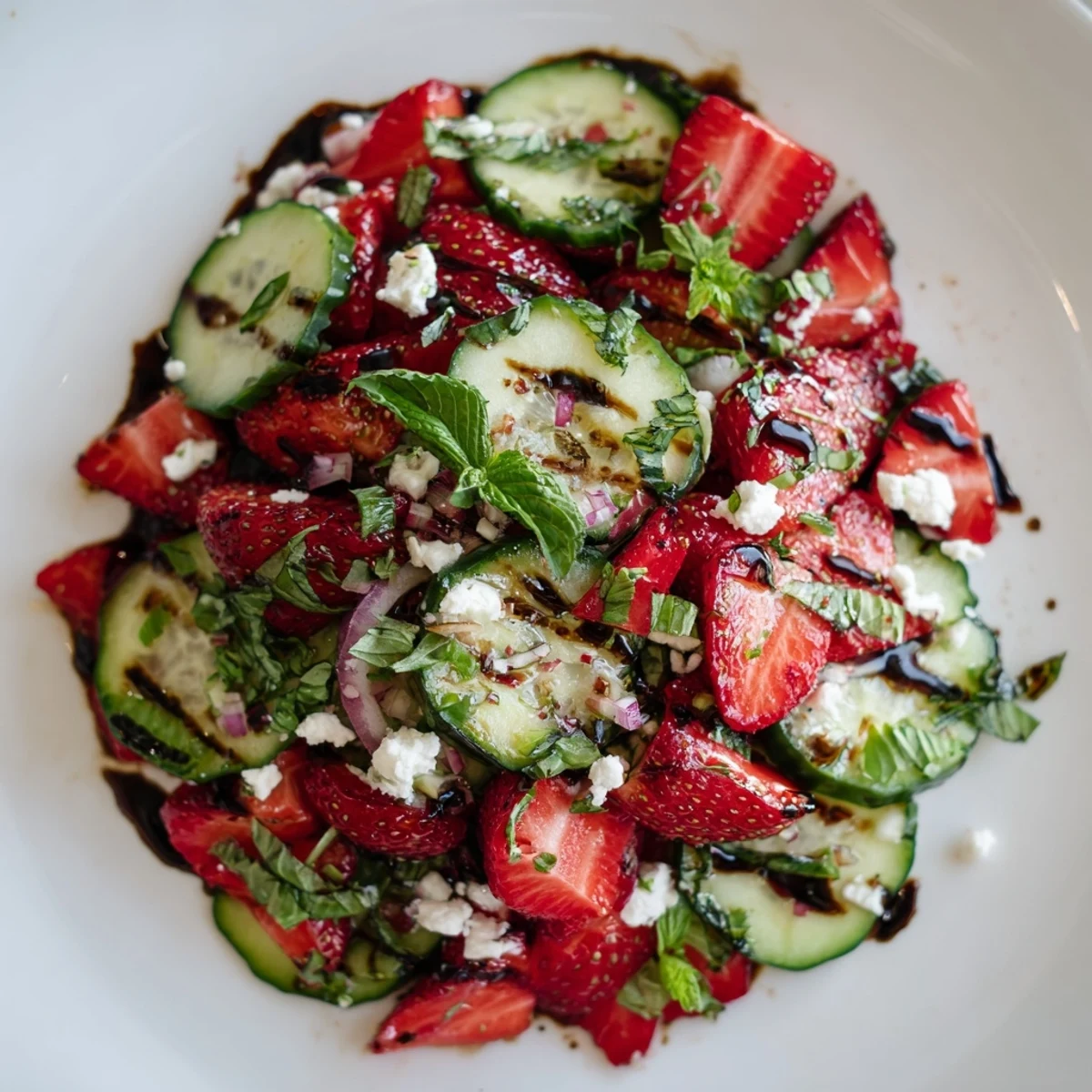 Garden-fresh strawberry cucumber salad featuring juicy red strawberries, thin cucumber slices, fresh mint and basil herbs, and light citrus honey dressing