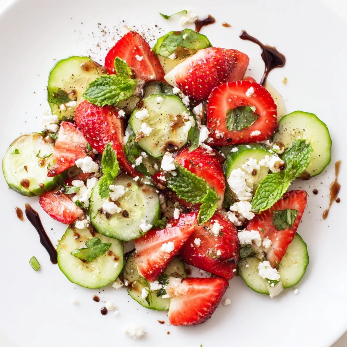 Colorful strawberry cucumber salad tossed with balsamic vinaigrette and topped with optional crumbled feta cheese on a white serving platter