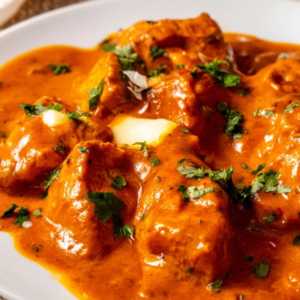 Golden butter chicken with velvety orange sauce ladled over steaming basmati rice bowl