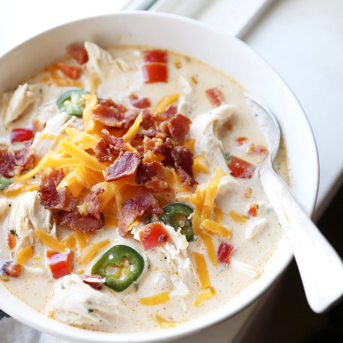 Creamy white spicy jalapeno popper chicken soup garnished with crumbled bacon, shredded cheddar, and fresh green onion slices in a rustic bowl