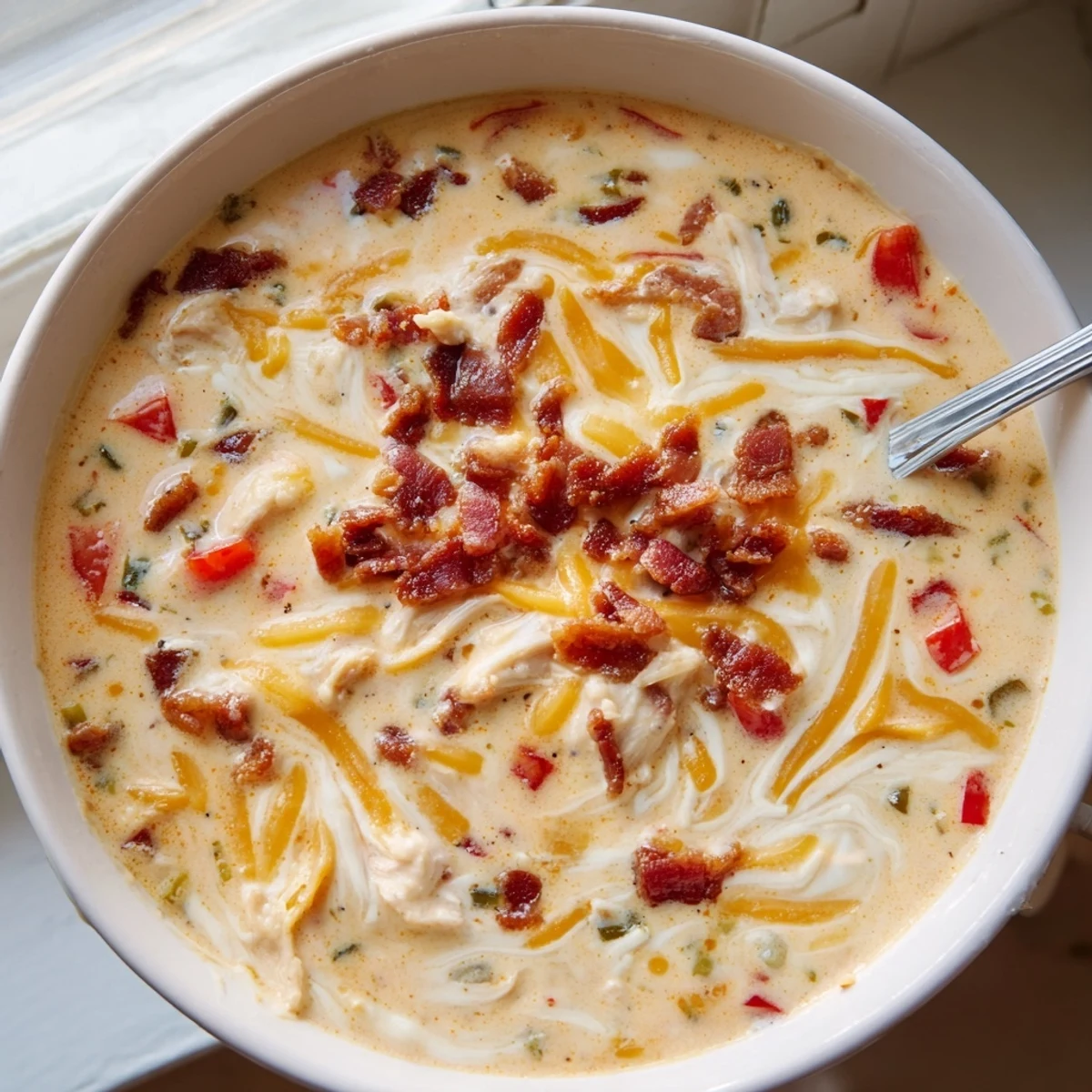 Close-up of spicy jalapeno popper chicken soup recipe with visible chunks of chicken, colorful diced vegetables, and cheesy cream swirl topped with crispy bacon bits