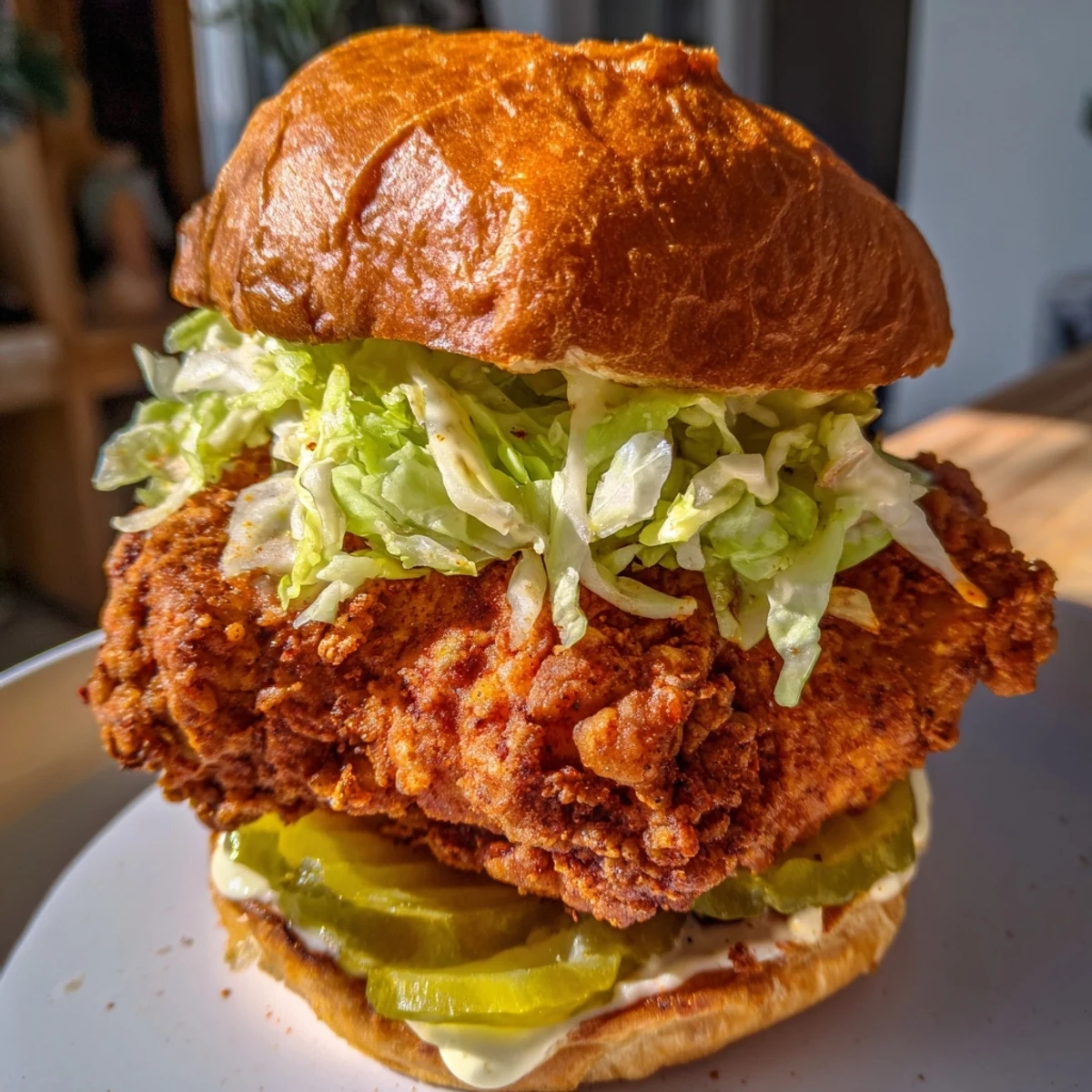 Golden brown pickle brined fried chicken sandwich layered with crisp lettuce and dill pickles on a toasted brioche bun