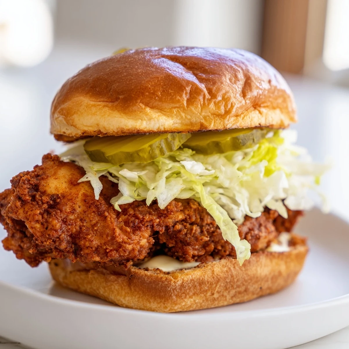 Homemade pickle brined fried chicken sandwich featuring golden crunchy coating lettuce and pickle slices on a warm toasted bun