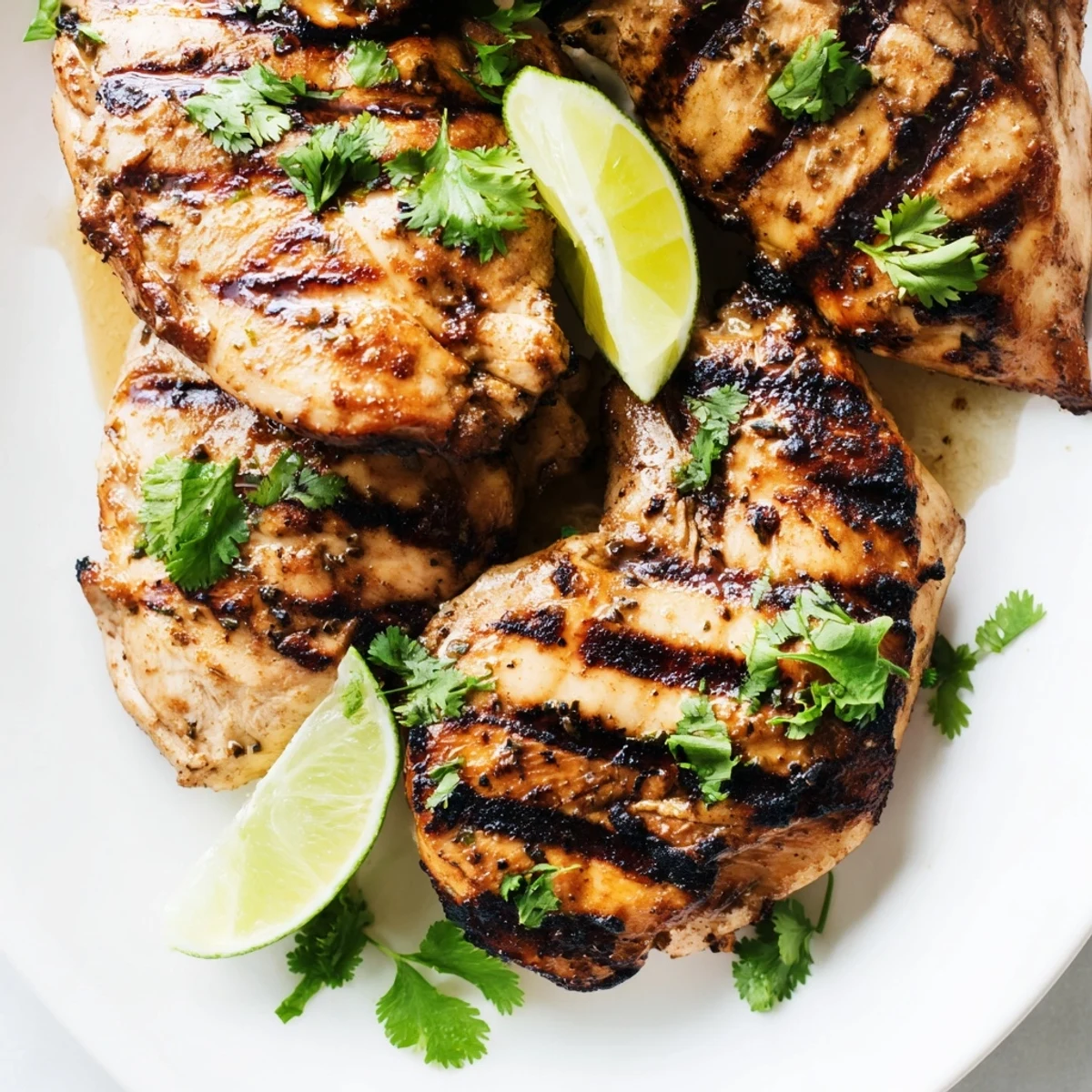 Golden brown Key West grilled chicken garnished with fresh cilantro and lime wedges