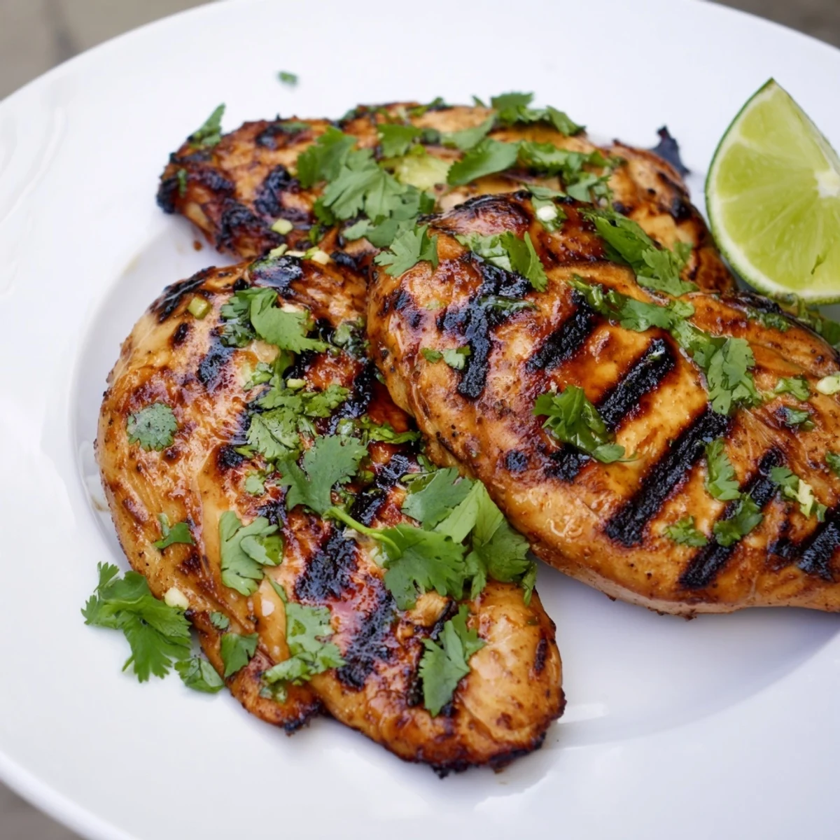Citrus glazed Key West grilled chicken breast served on a white plate with herbs
