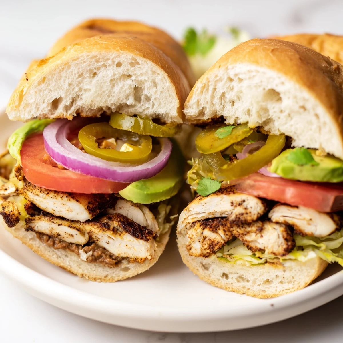 Sliced chicken torta sandwich on soft bread with crisp lettuce, ripe avocado, and pickled jalapeño peppers