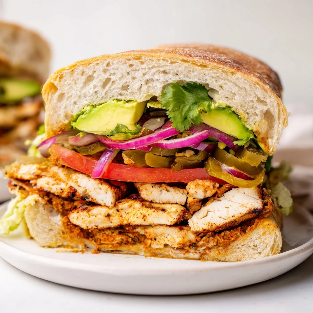 Homemade chicken torta sandwich piled high with avocado, refried beans, and zesty jalapeños on toasted bolillo roll