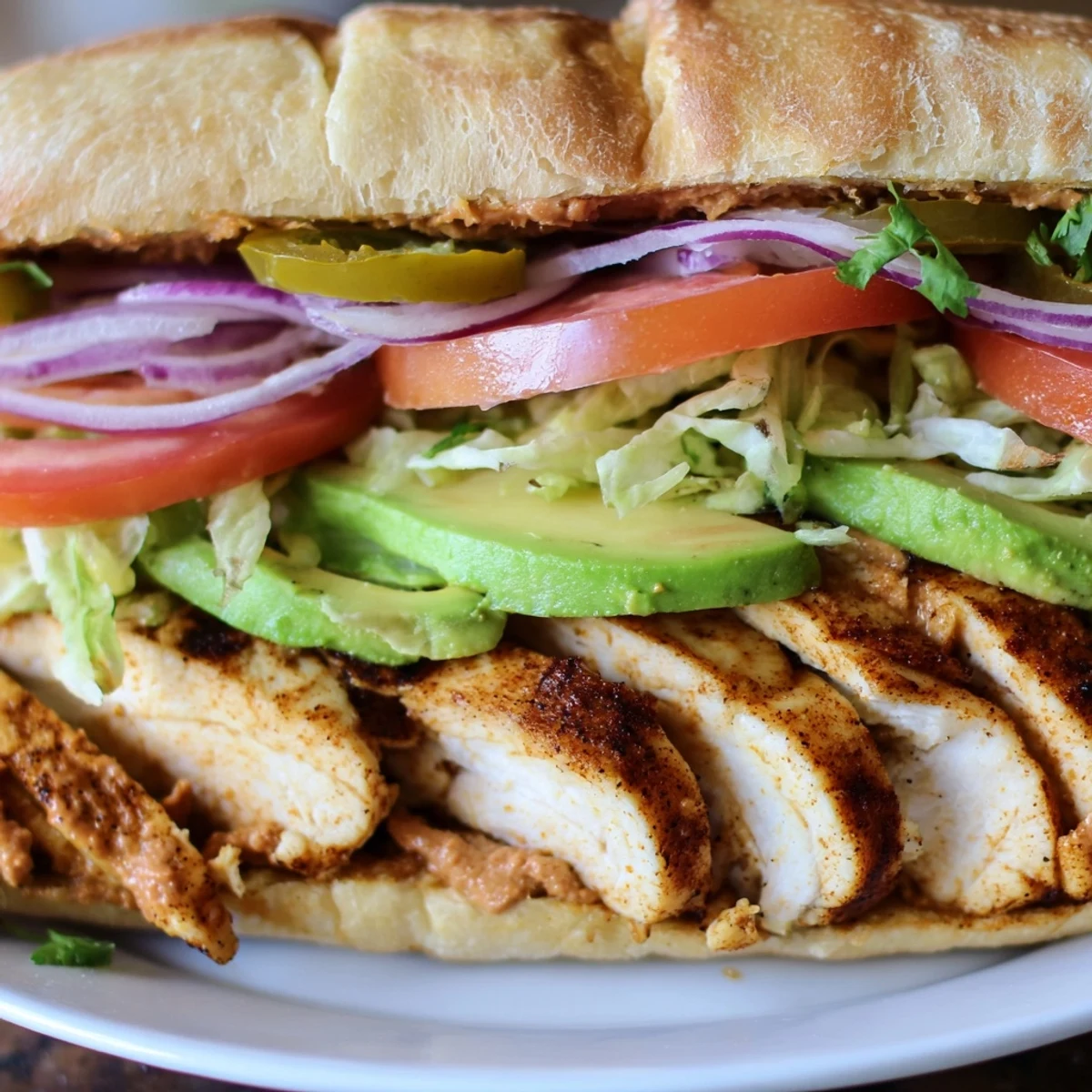 Hearty Mexican chicken torta sandwich featuring marinated grilled chicken, fresh tomato slices, and creamy red onion