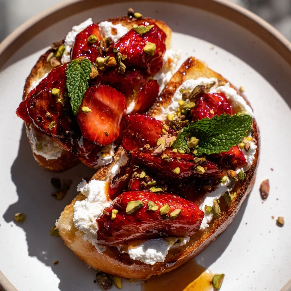 Golden sourdough toast piled high with fluffy whipped ricotta and sweet roasted strawberries