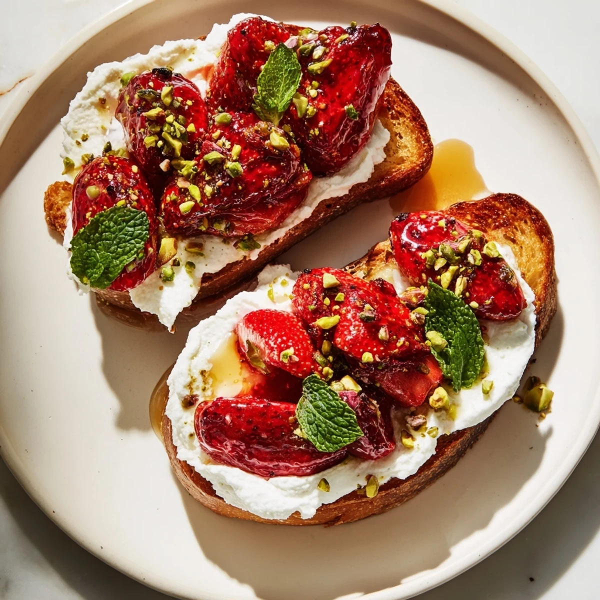 Brunch toast featuring whipped ricotta cheese topped with honey glazed roasted strawberry halves