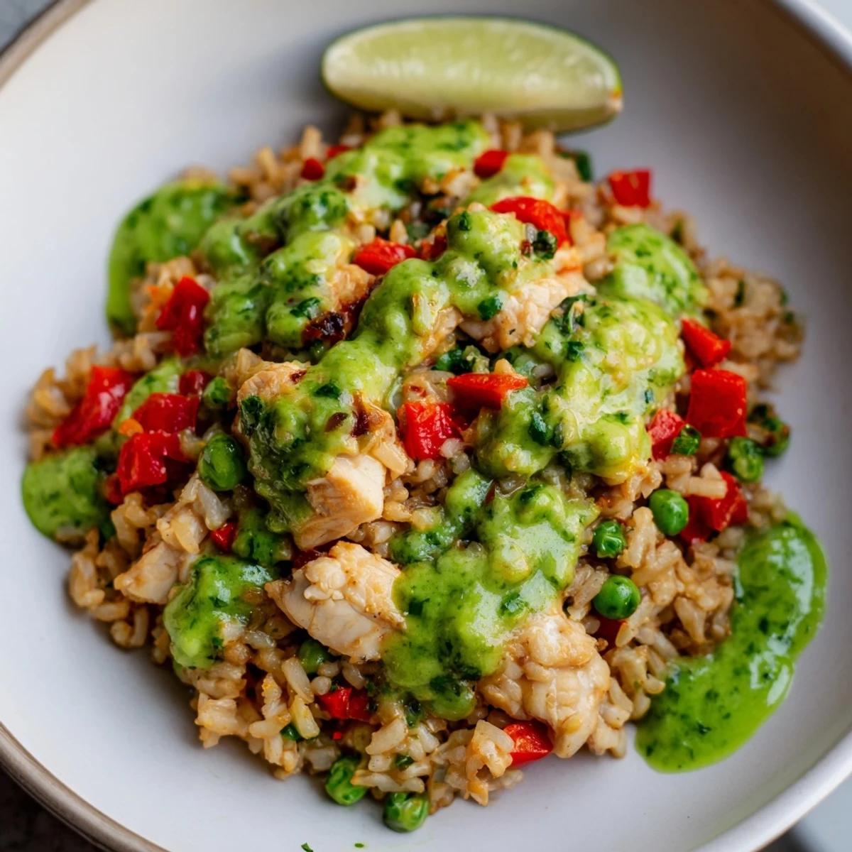 Golden Peruvian chicken rice drizzled with vibrant green sauce and fresh lime wedges on a rustic wooden table