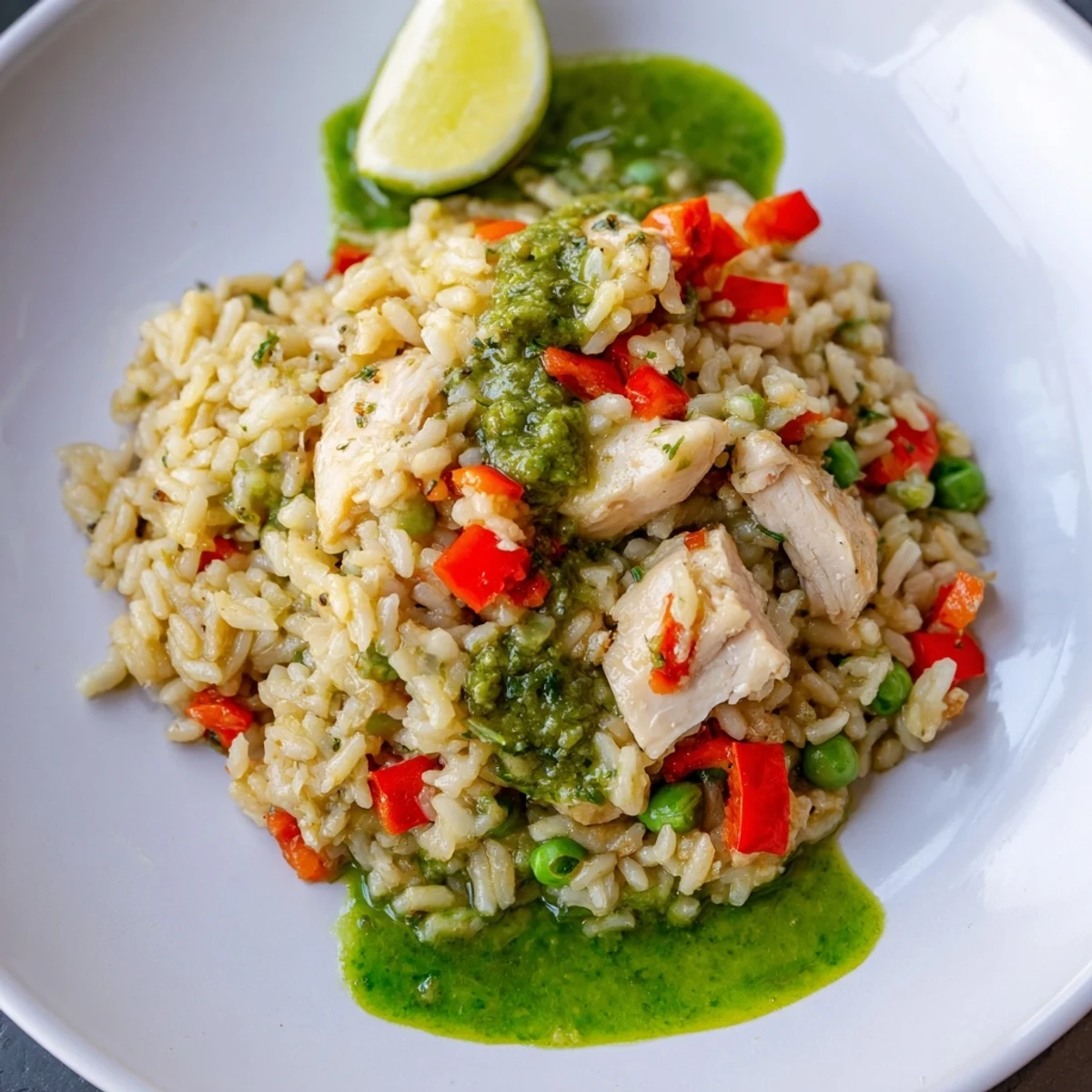 Comforting one-pot Peruvian chicken rice bowl featuring tender meat colorful vegetables and tangy herbaceous aji verde sauce